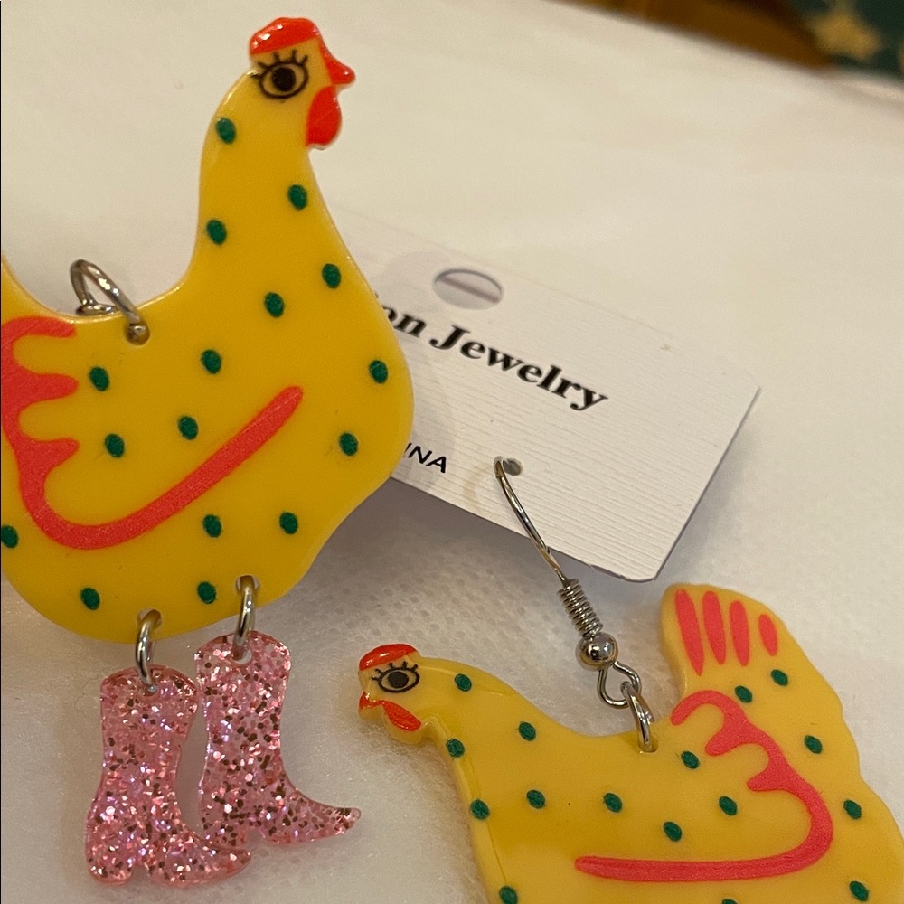 Fashion Jewelry Yellow and Pink Chicken Earrings - Picture 3 of 4